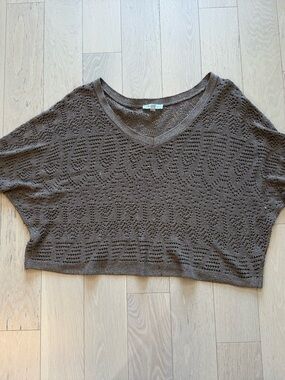 Addition Elle Open-Knit Taupe and Gold Accent Sweater